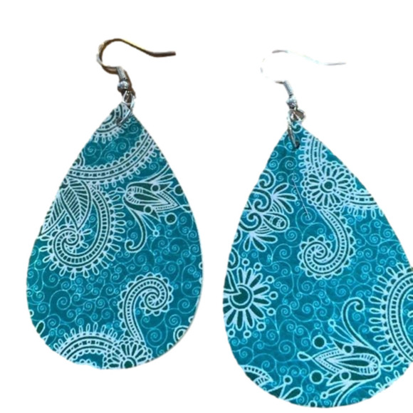 PU Leather Tear Drop Turquoise Earrings - Picture 1 of 6